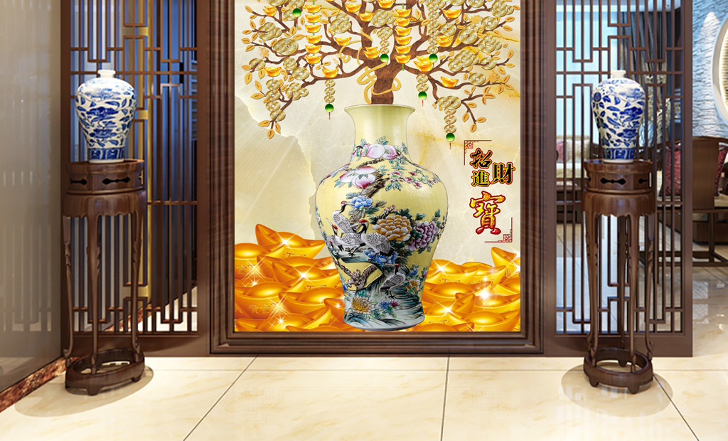摇钱树招财进宝花瓶玄关过道高清图