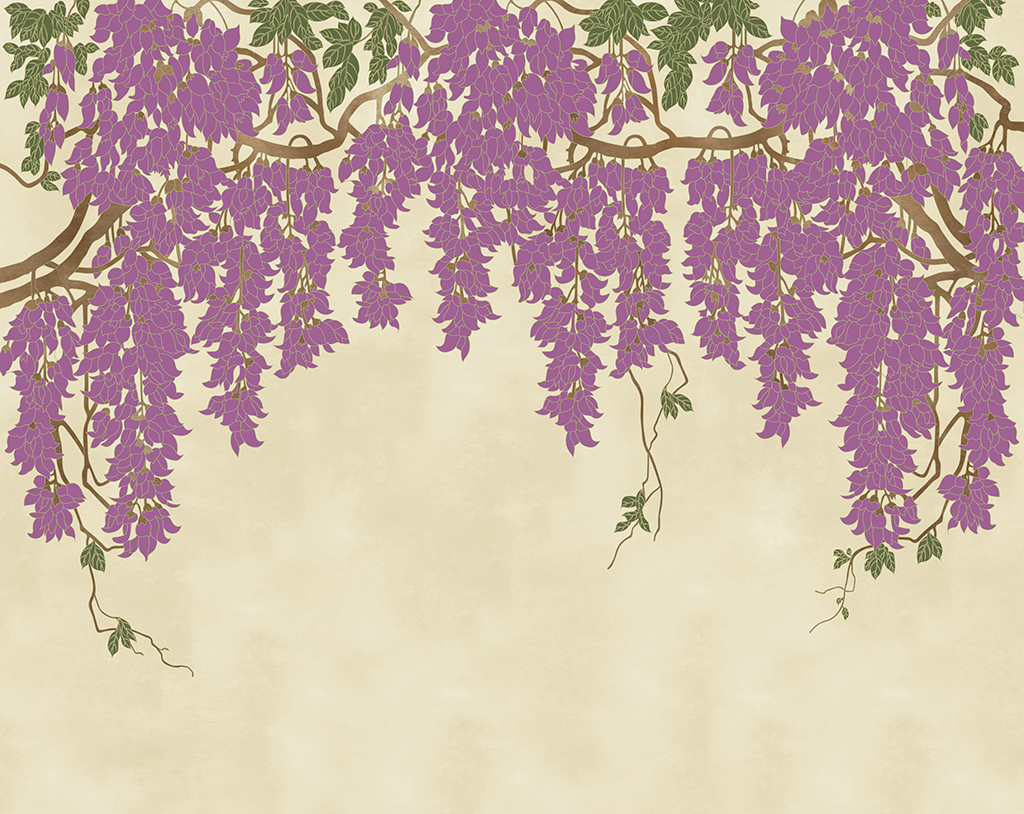 手绘中式紫藤花花开富贵背景墙装饰画