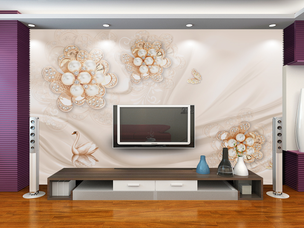 d欧式宫廷风金色珠宝花朵电视背景墙