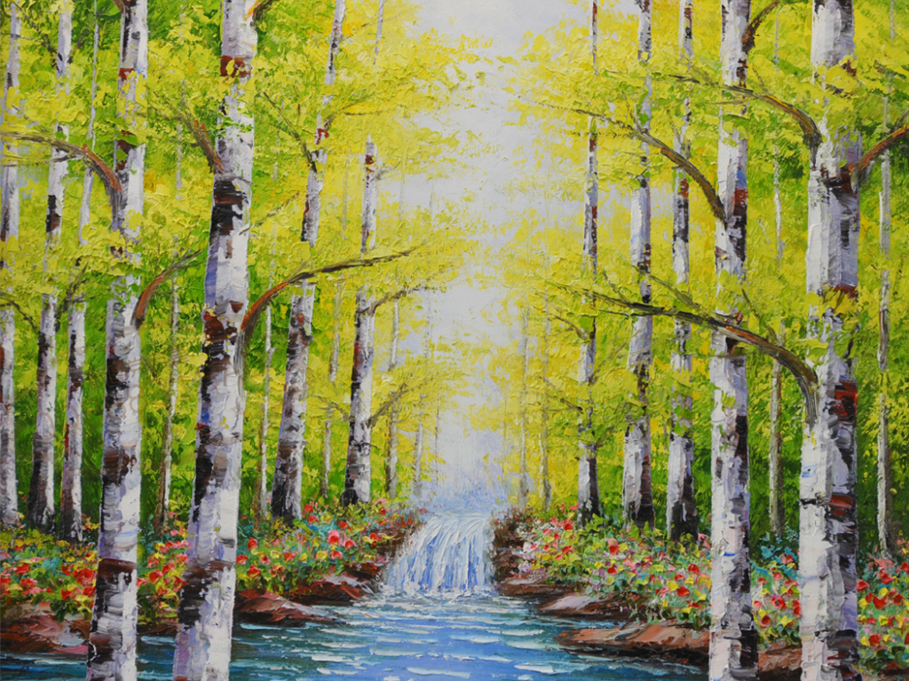 清爽白桦树小溪立体油画艺术玄关