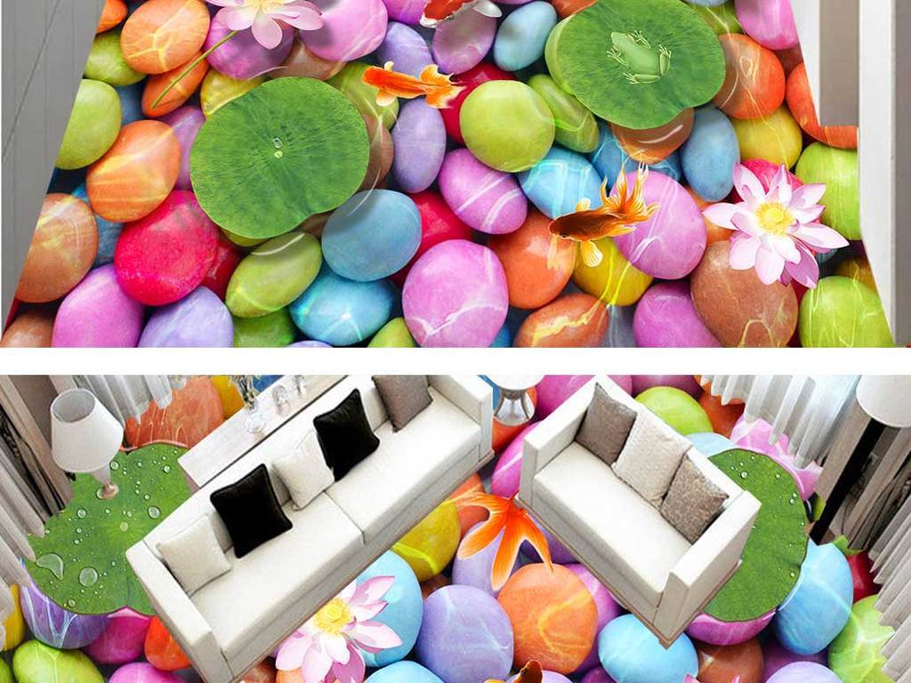 荷花鲤鱼七彩荷塘3d地板立体画地砖