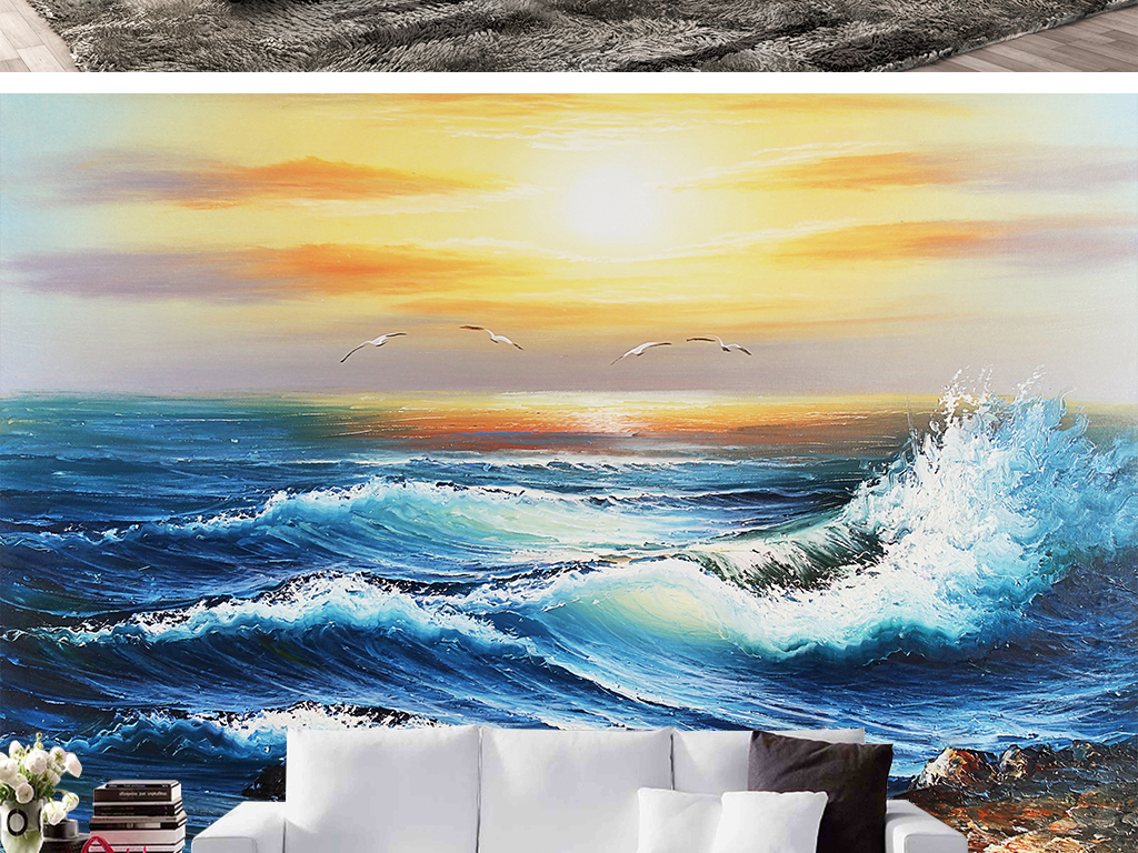 海浪风景油画背景墙