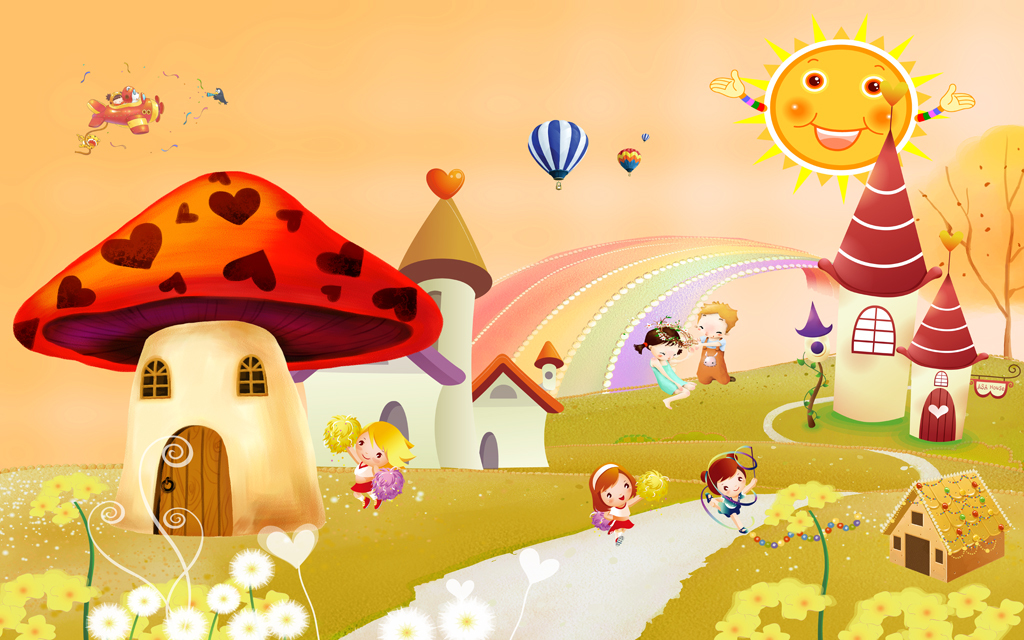 蘑菇房唯美卡通儿童房背景墙壁画