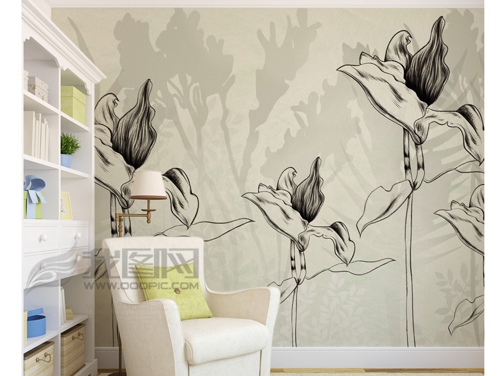 黑白手绘素描花卉简约背景墙