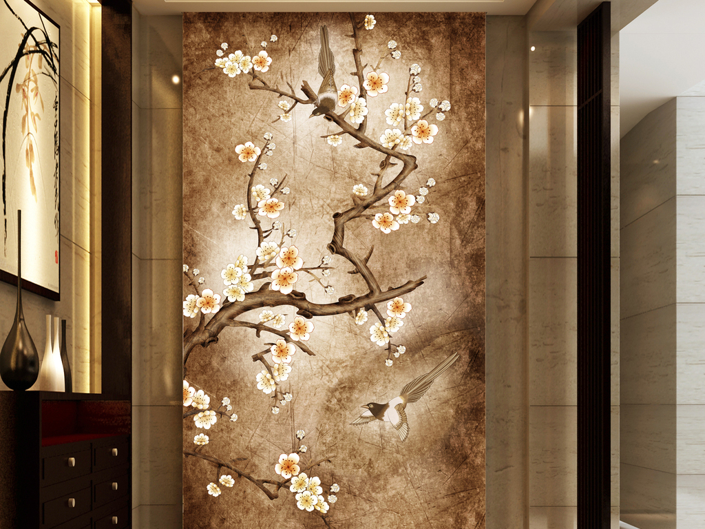 中式复古喜上眉梢玄关背景墙