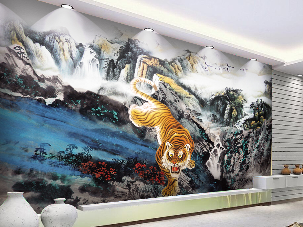 老虎图下山虎国画山水画电视背景墙