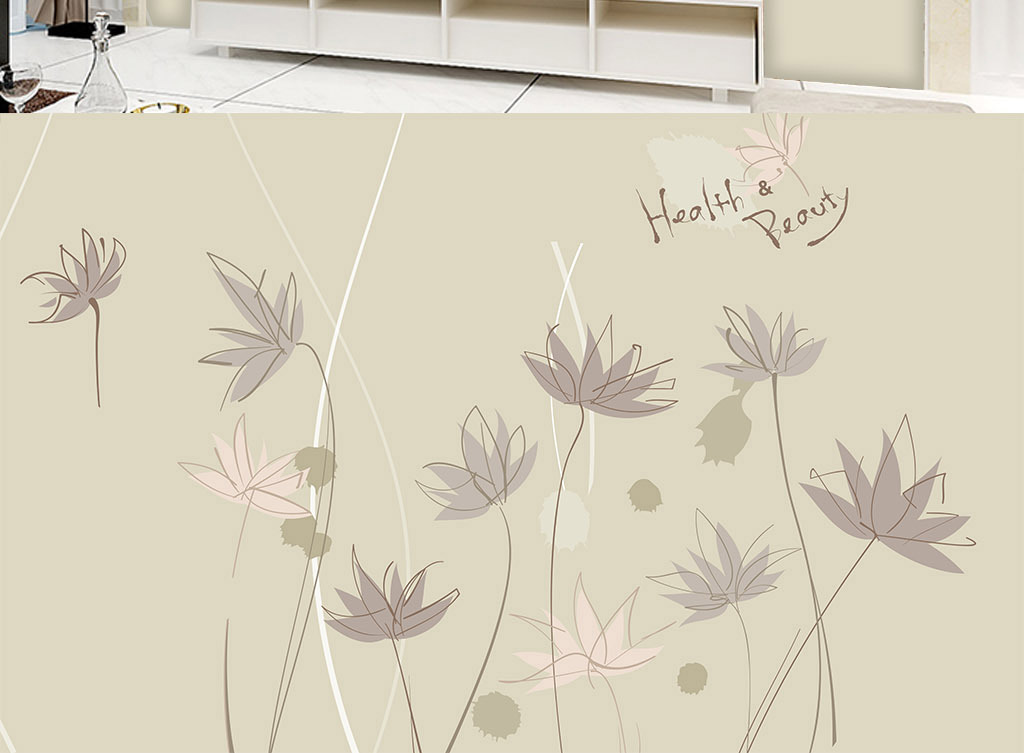 简约唯美手绘荷花艺术背景墙