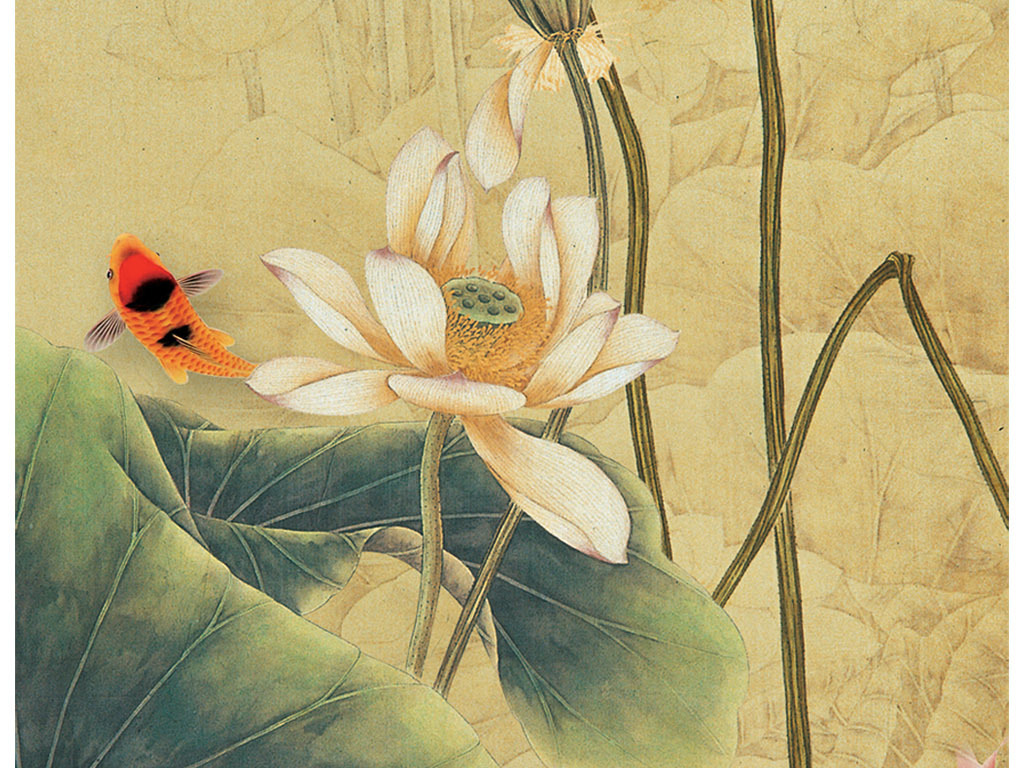 高清手绘荷花玄关背景墙荷塘月色