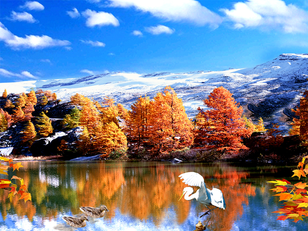 雪山蓝天白云树林枫树5d动画桢幅光栅立体画序列图背景墙框画