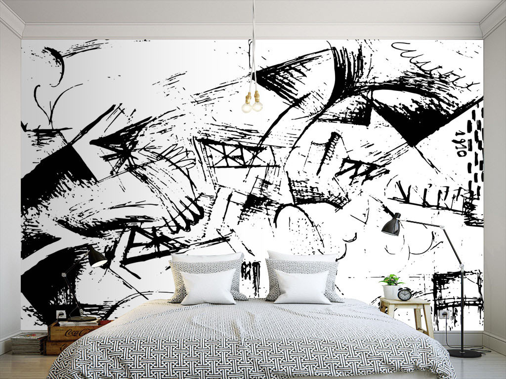 现代简约黑白涂鸦墙纸