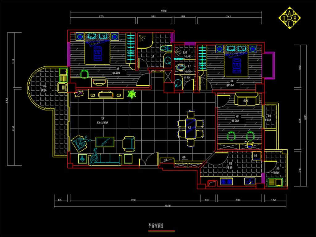 三房户型cad装修图平面设计图下载(图片1.