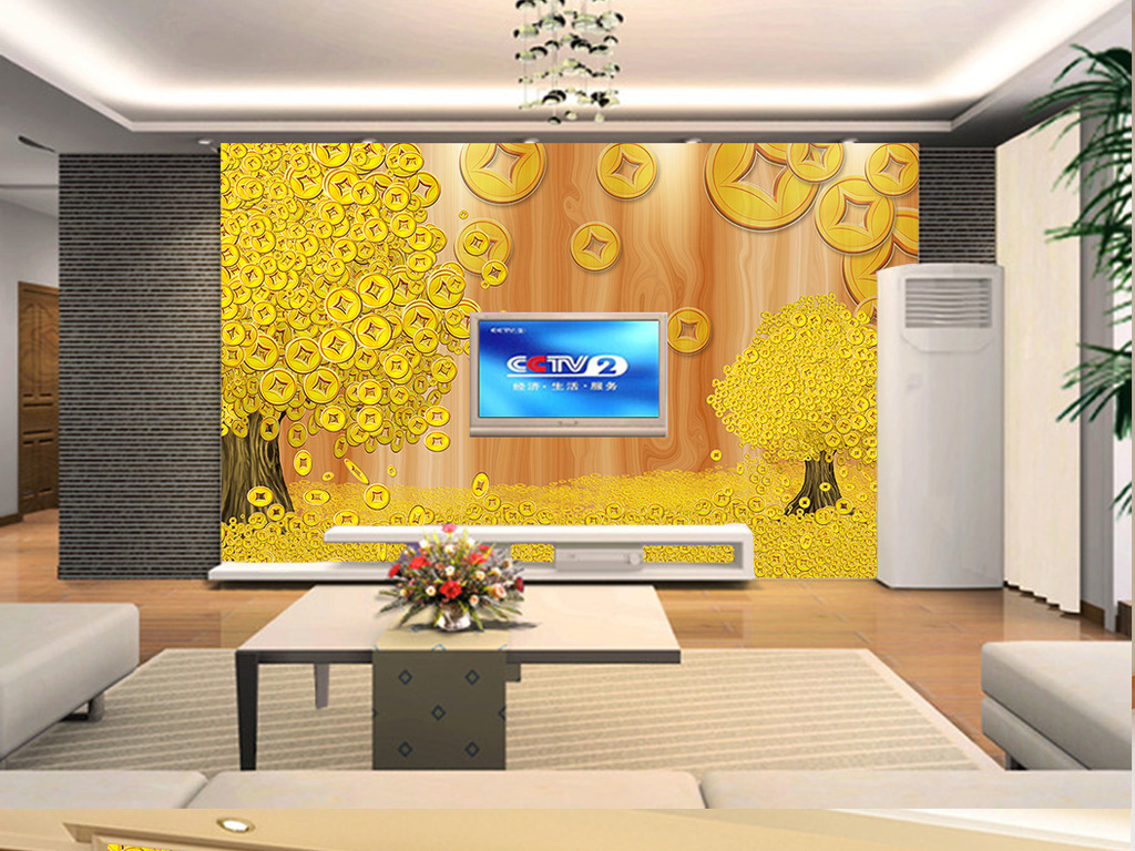 黄金满屋遍地黄金硬币黄金树背景墙