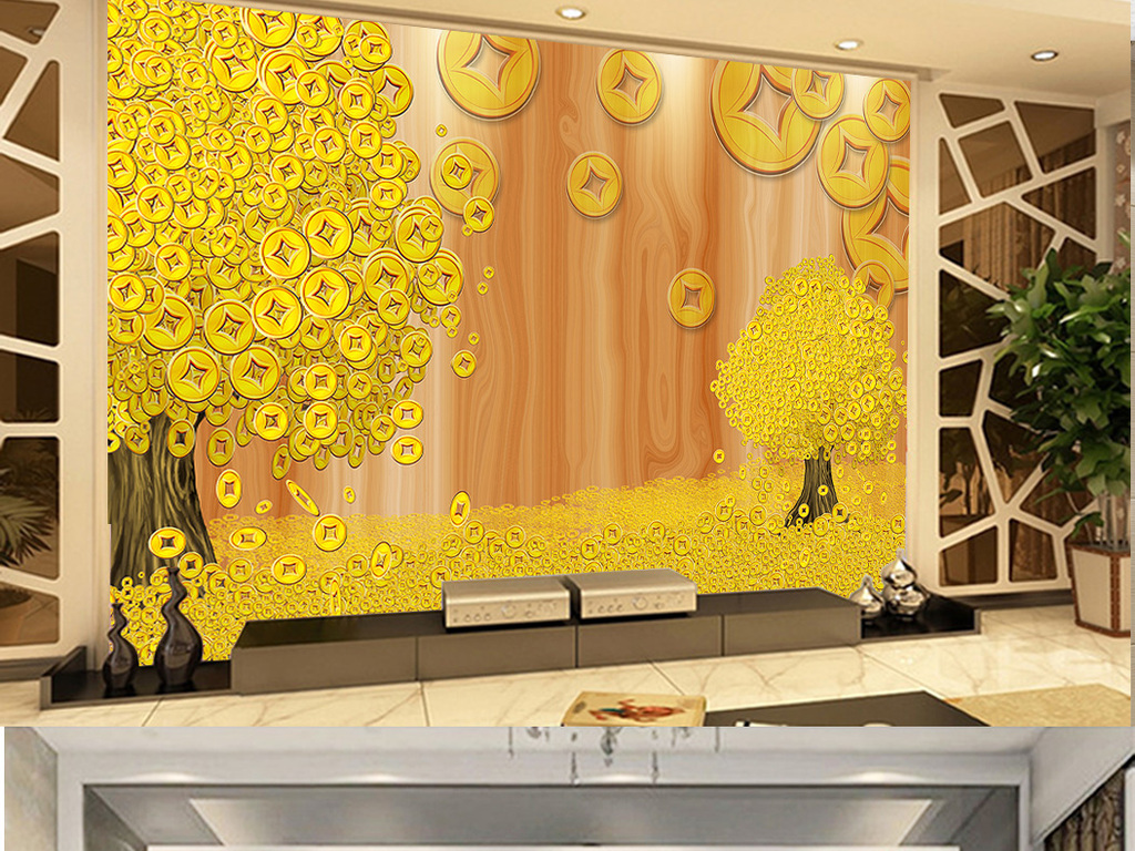 黄金满屋遍地黄金硬币黄金树背景墙