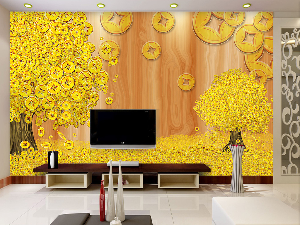 黄金满屋遍地黄金硬币黄金树背景墙