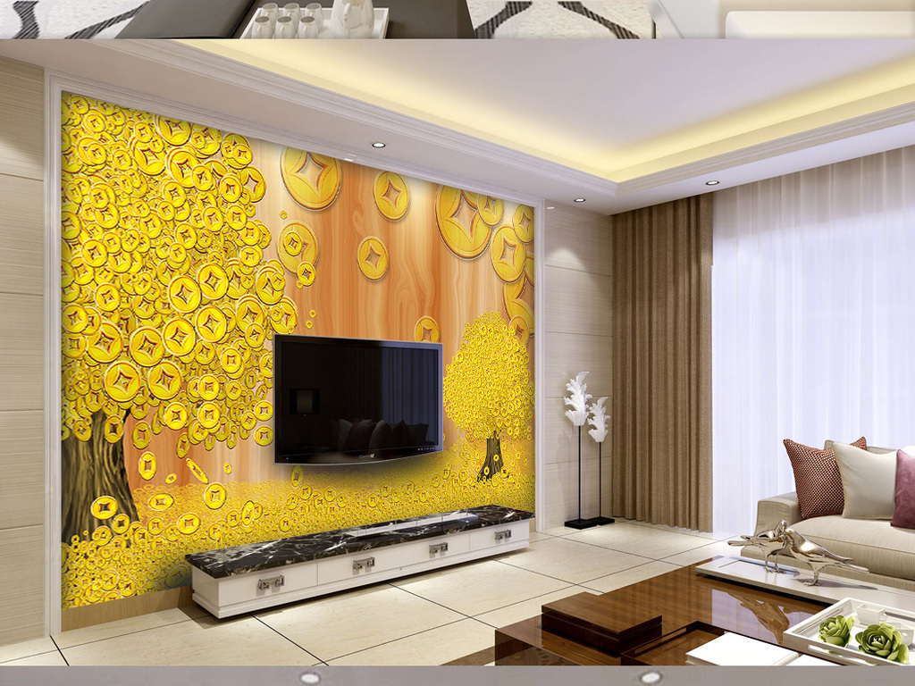 黄金满屋遍地黄金硬币黄金树背景墙