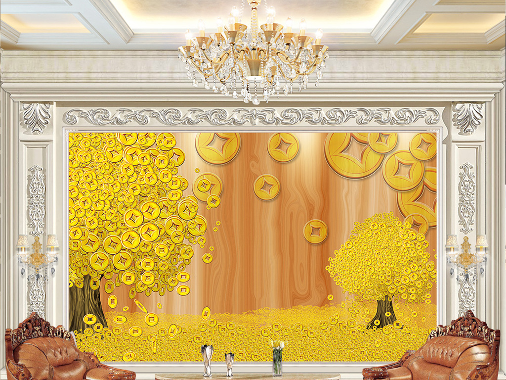 黄金满屋遍地黄金硬币黄金树背景墙