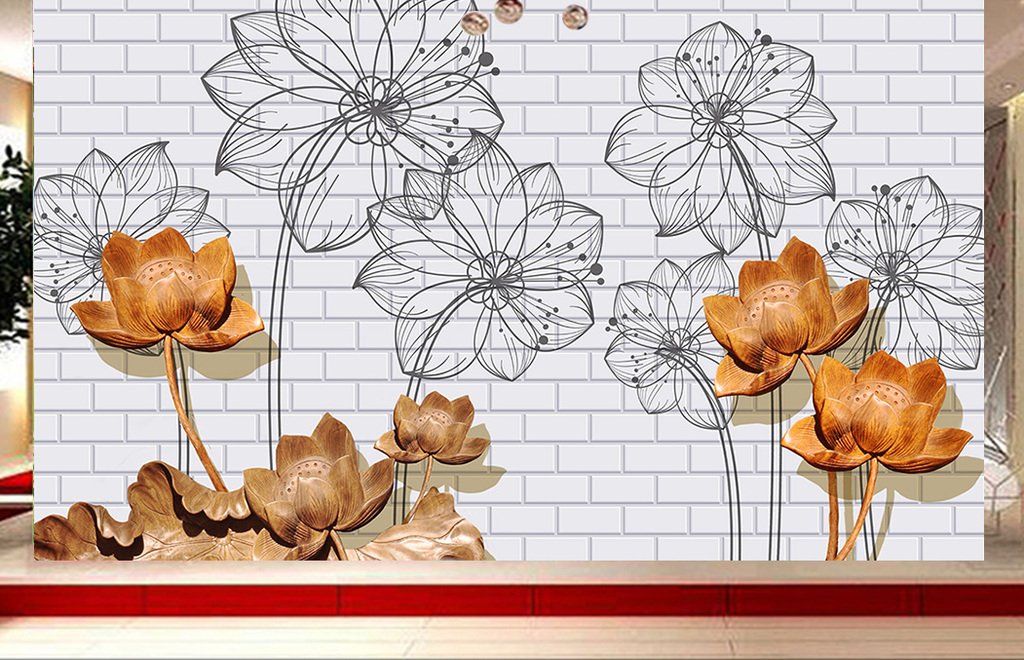 手绘线条浮雕木雕荷花客厅电视背景墙