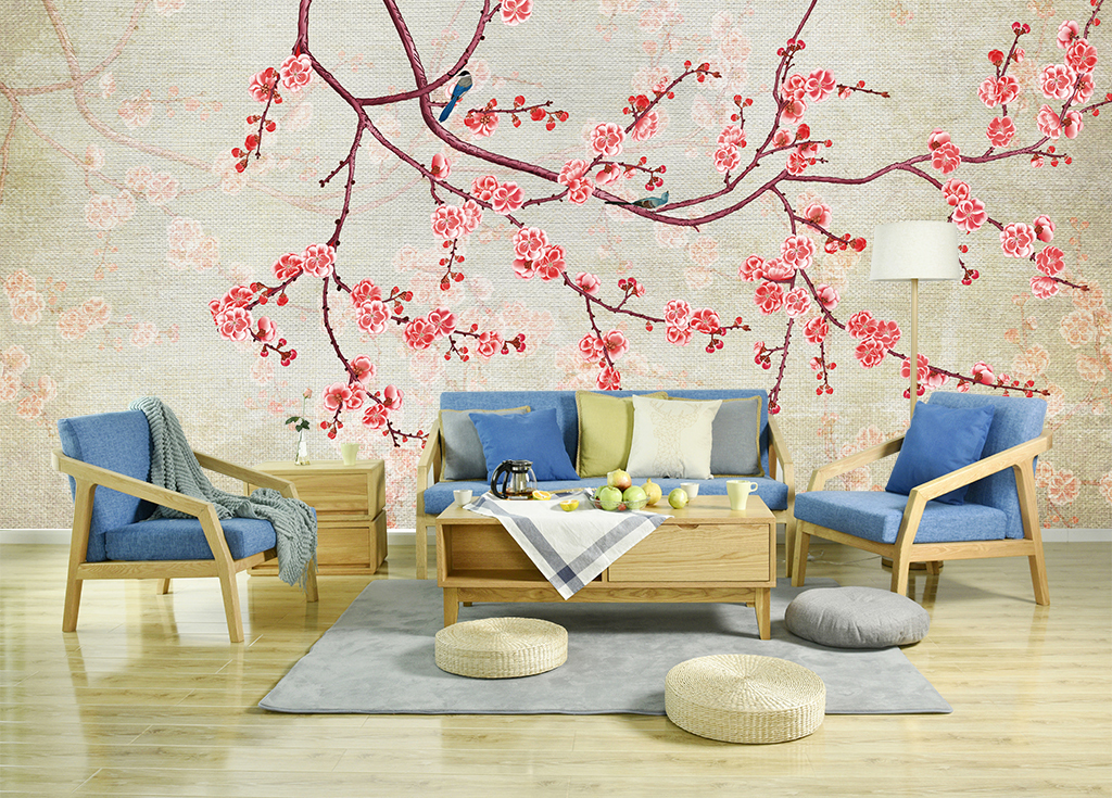 新中式桃花开花鸟工笔画背景墙