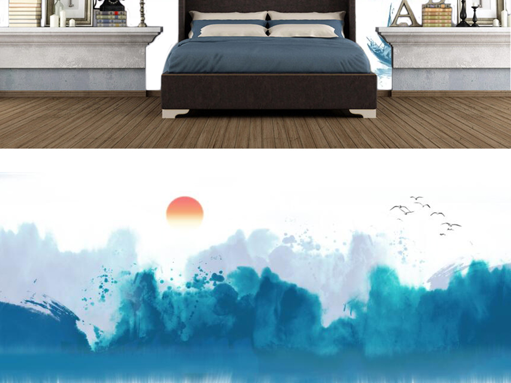 新中式水墨意境山水国画电视背景墙