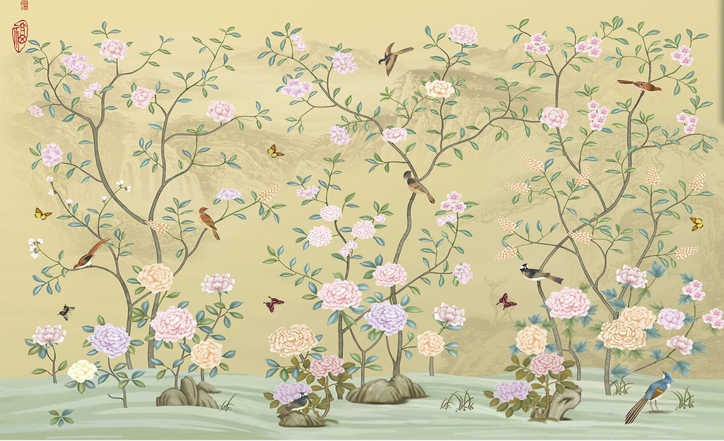 手绘花鸟图(图片编号:16107294)_电视背景墙_我图网