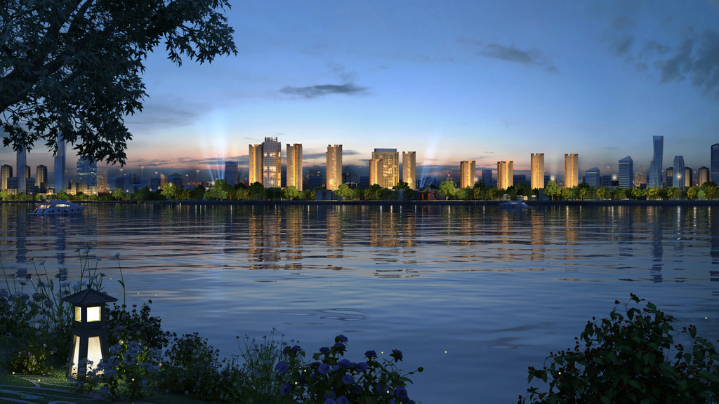 3d楼盘湖景夜景效果动画