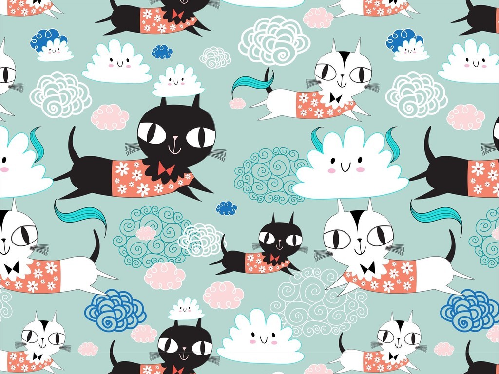 可爱卡通动物猫童装面料印花图案包装设计图