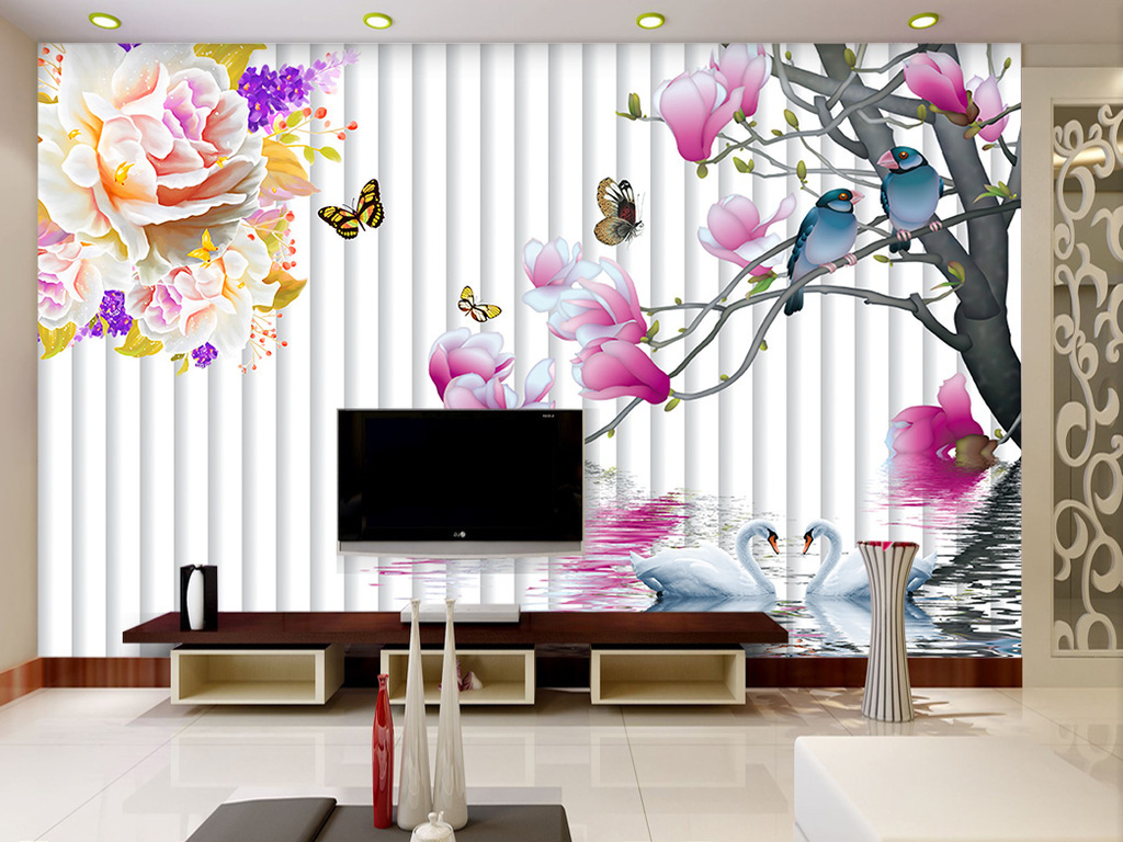 白玉兰花牡丹花天鹅电视客厅背景墙壁画