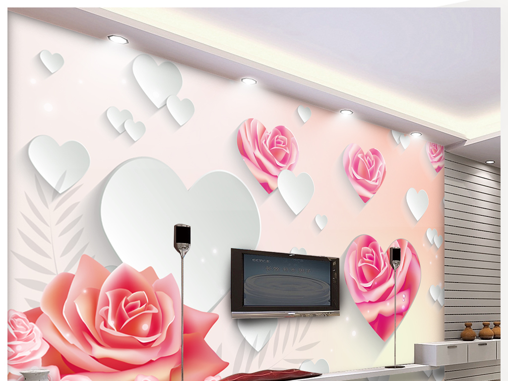 唯美3d玫瑰立体心形背景墙
