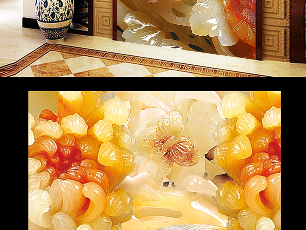 家和富贵小鸟菊花浮雕玄关门厅背景墙