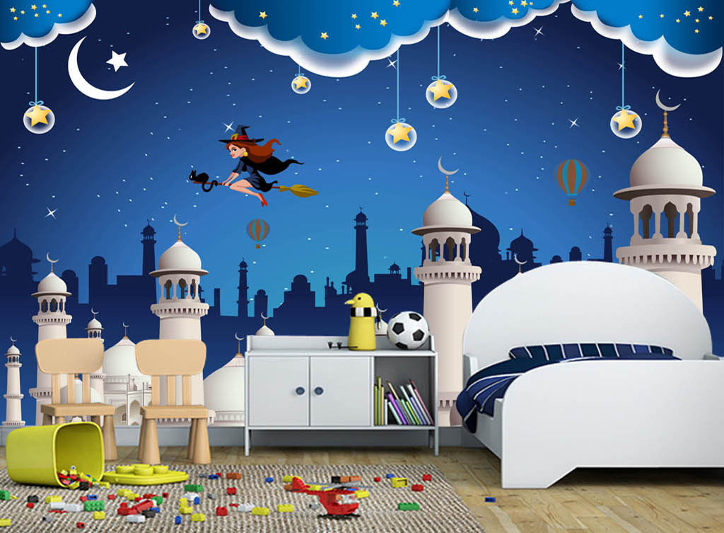 蓝色卡通城堡儿童房背景墙