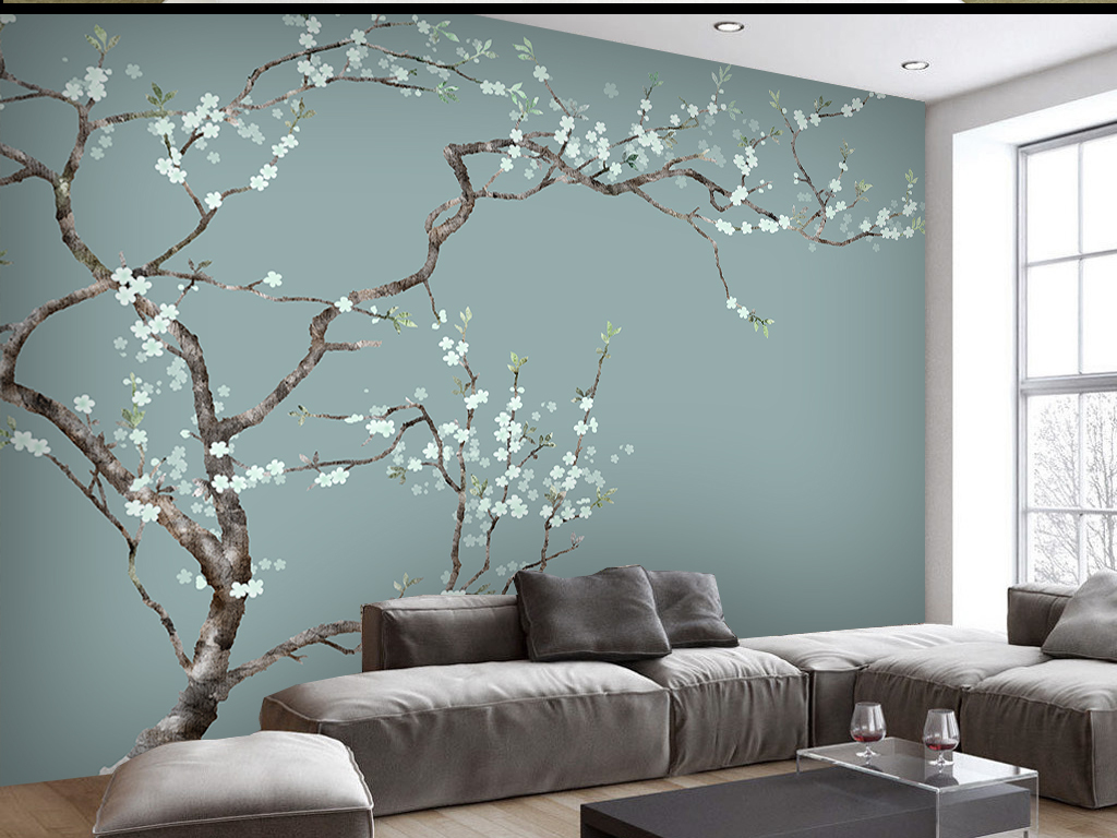 手绘工笔花鸟中式背景墙