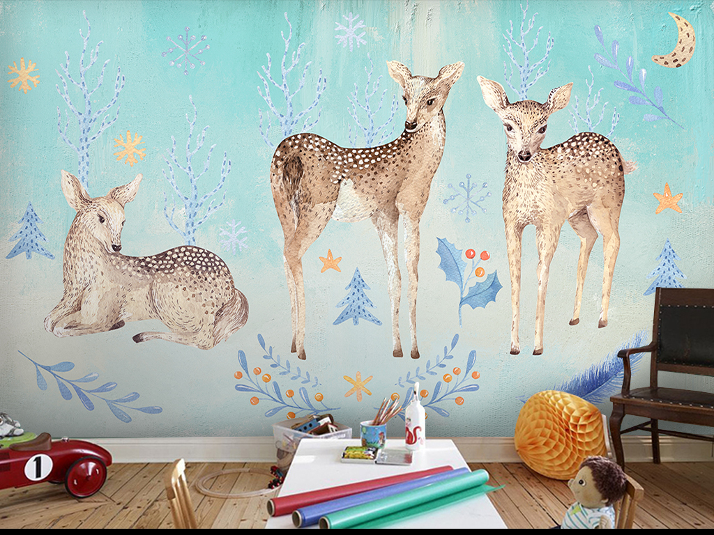 手绘水彩梅花鹿背景墙