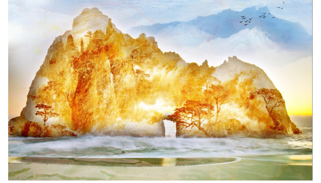 大理石纹富贵金山蓝天白云中式电视背景墙