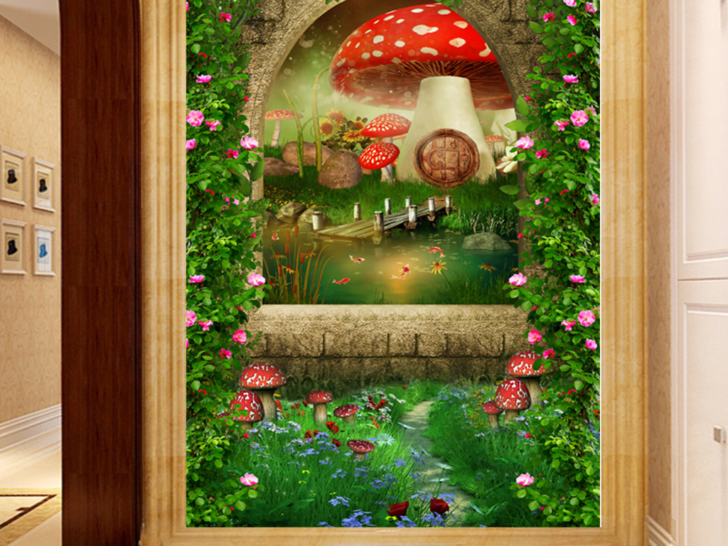 梦幻童话森林蘑菇3d玄关过道背景墙壁画