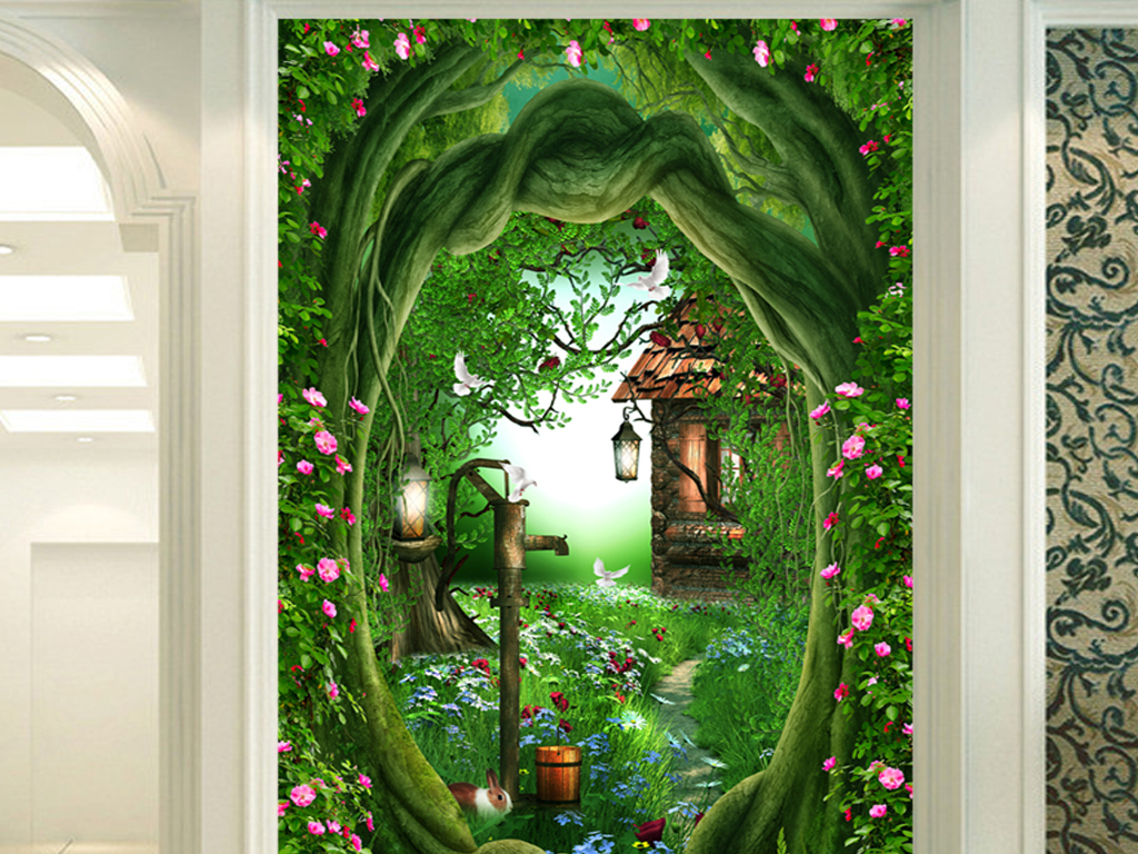梦幻森林城堡花卉蝴蝶3d玄关背景墙壁画