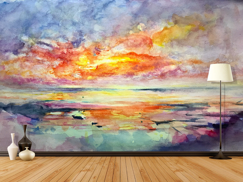 天空水彩效果意境背景墙