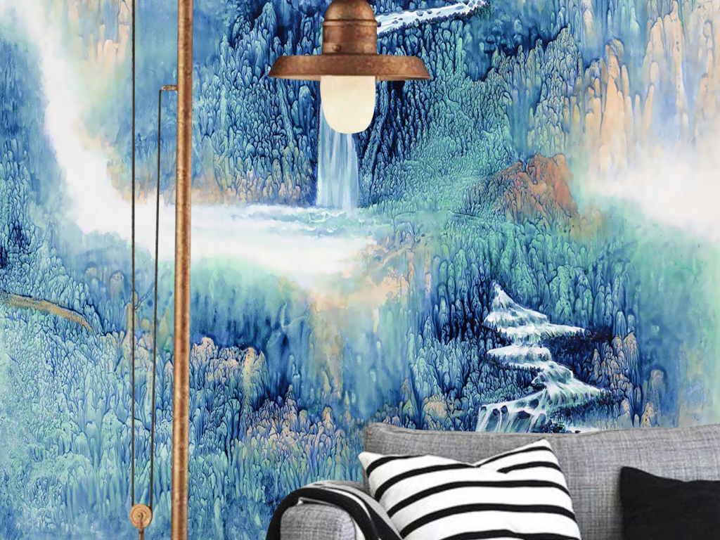 中式手绘水彩泼墨山水国画壁画玄关背景墙