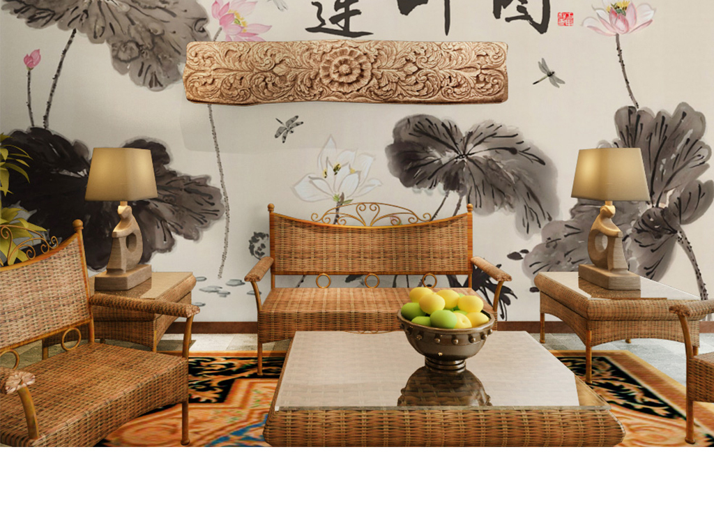 手绘水墨荷花酒店主题背景墙