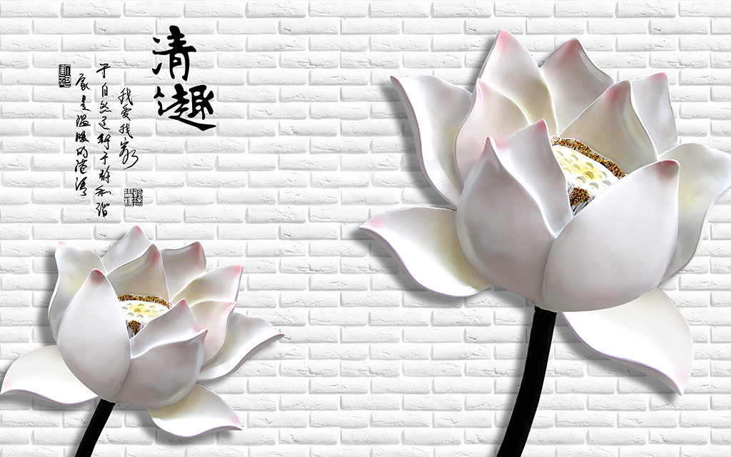 3d浮雕荷花清趣电视背景墙