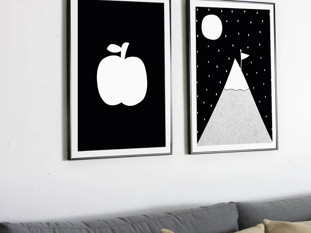 现代简约手绘黑白苹果登山无框画