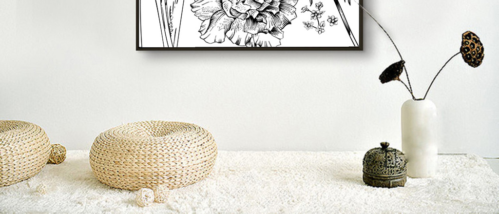 北欧简约黑白花画芯无框装饰画