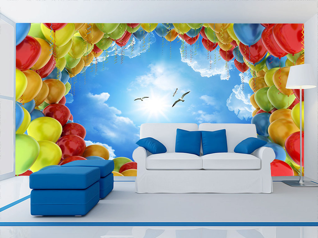 儿童房天空热气球背景墙