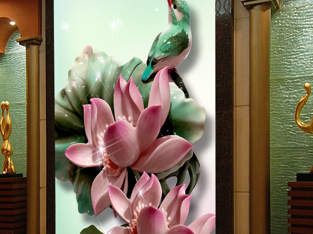 立体时尚彩雕荷花玄关门厅
