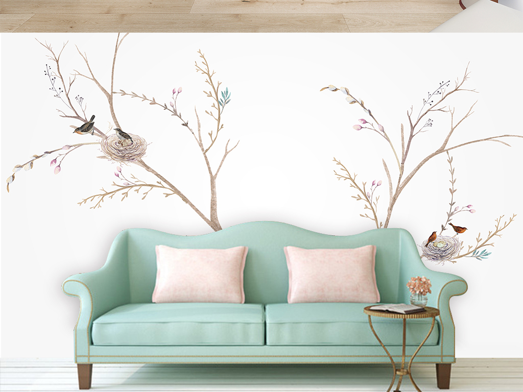 现代北欧鸟巢树枝手绘壁画简约床头背景墙