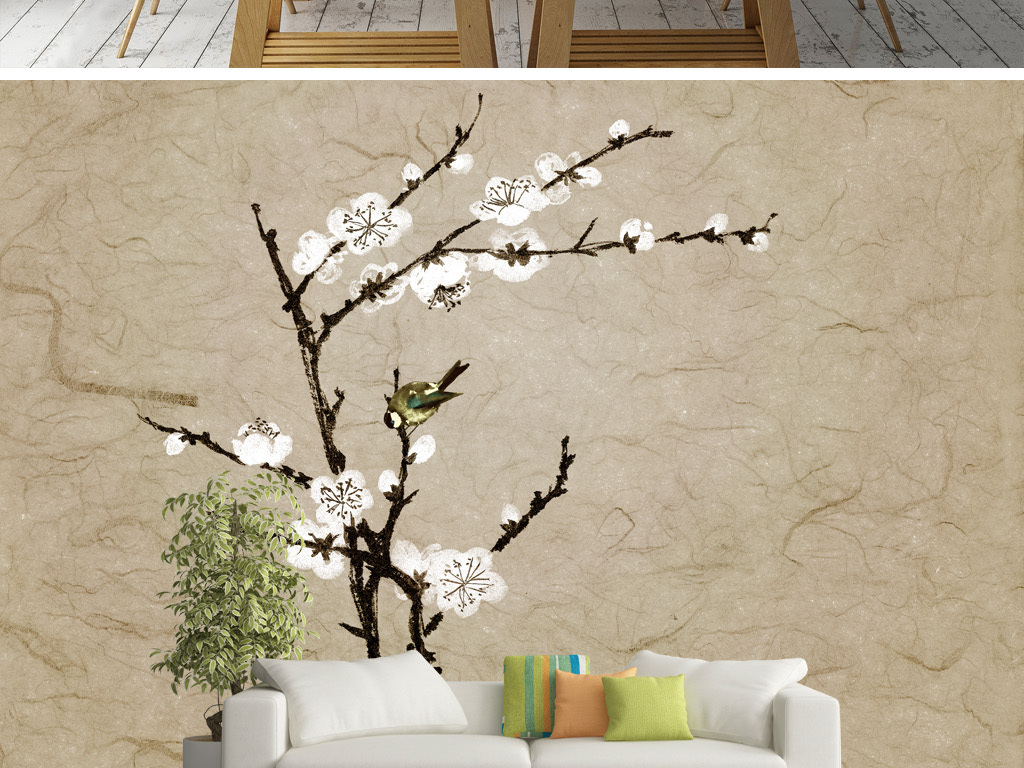 现代简约新中式油画抽象梅花壁画背景