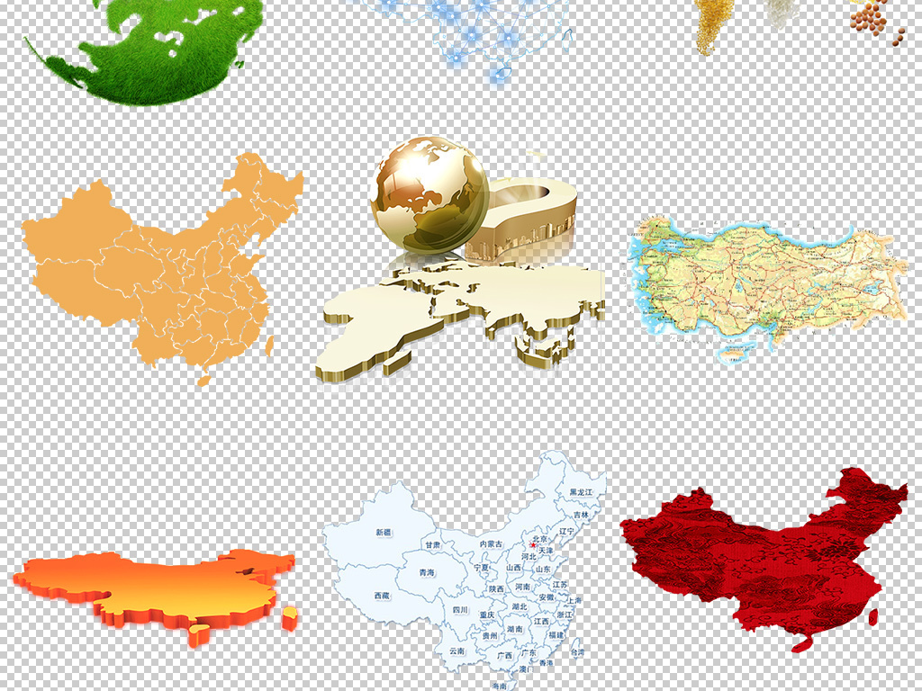 卡通手绘中国地图世界地图设计元素png
