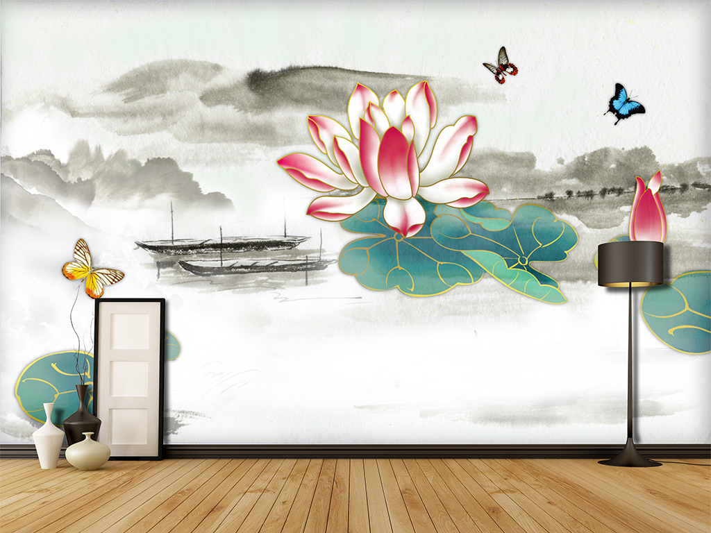新中式水墨江南荷花山水背景墙壁画