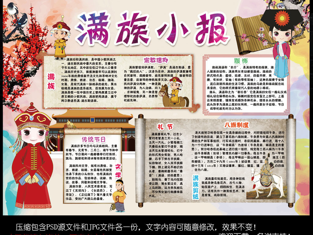 满族小报民族风俗旅游手抄报电子小报设计