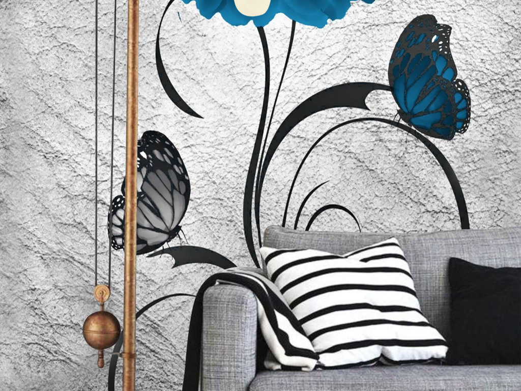 复古怀旧水泥墙花朵蝴蝶花卉做旧玄关壁画