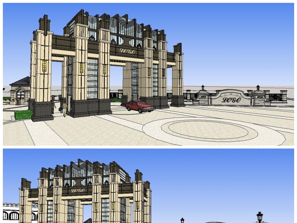 原創現代歐式風格小區入口大門su模型